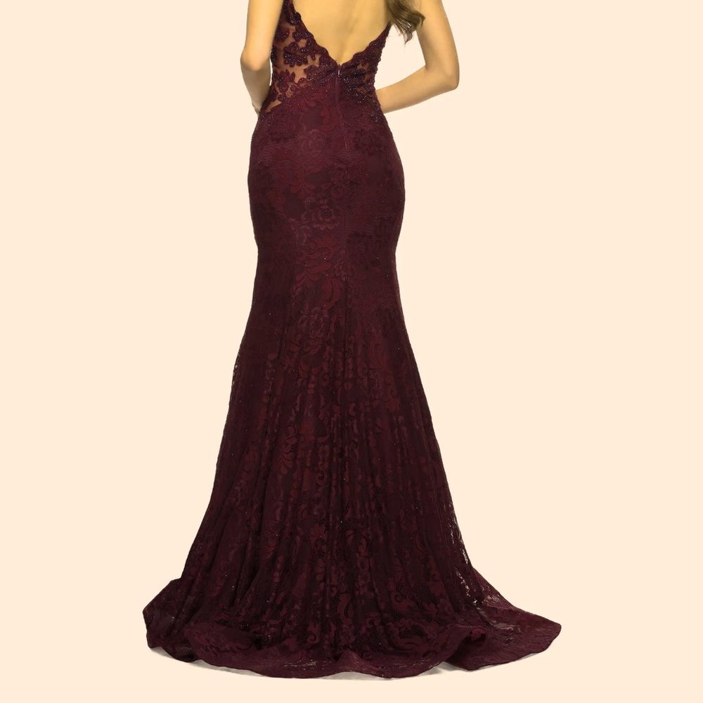 La Femme Dark Berry Sparkle Lace Mermaid Gown - Picture 4 of 6